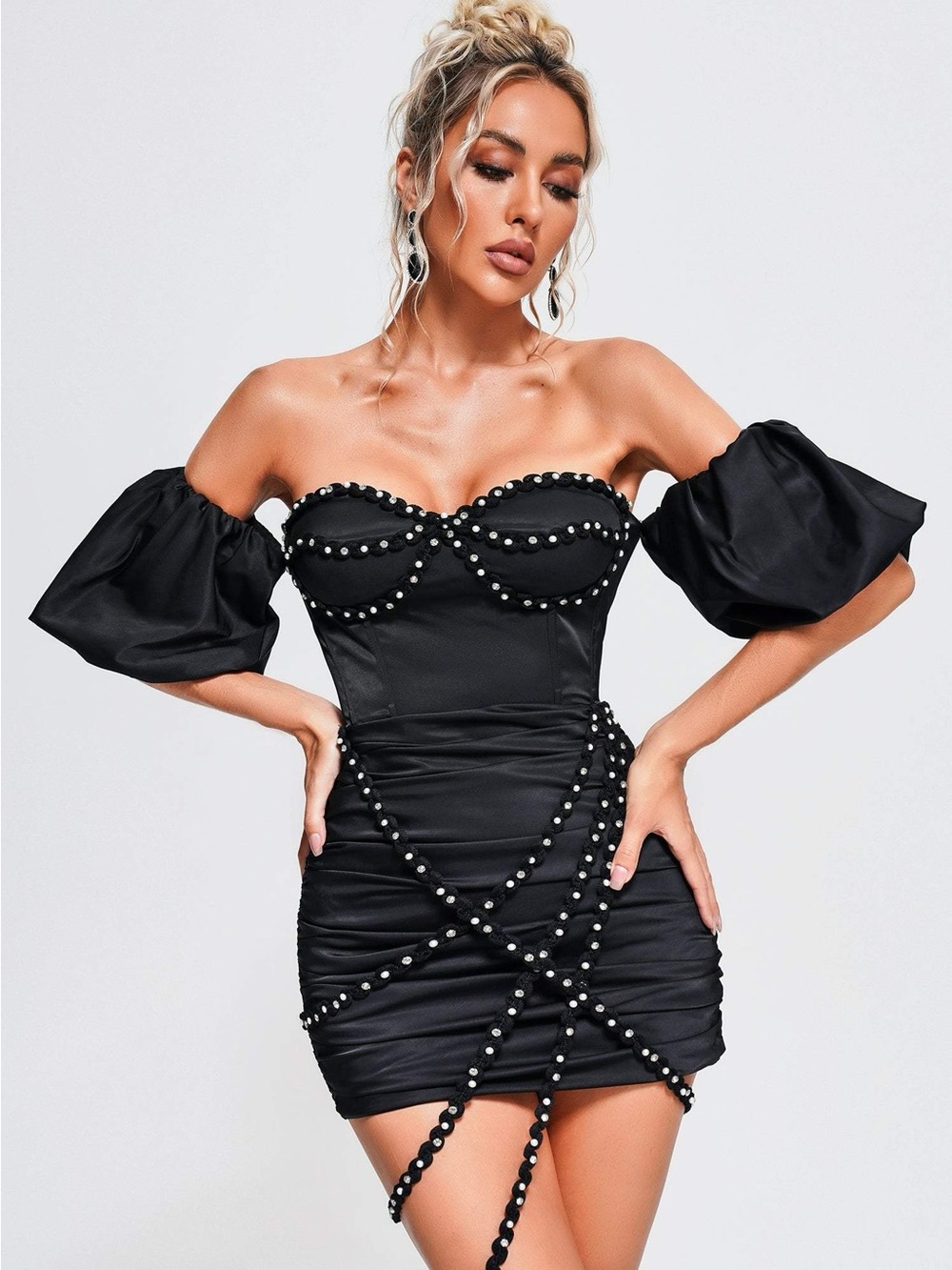 Bella Barnett Off-Shoulder Black Pearl-Trim Bodycon Mini Dress